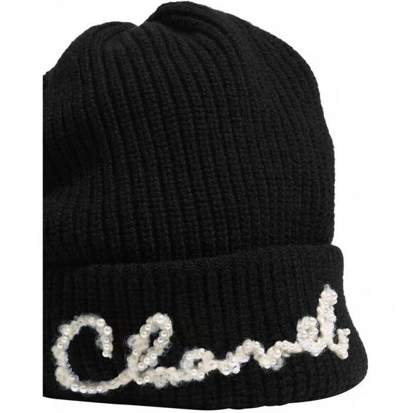 Chanel REV Black Cashmere White Ivory Pearl CC Script Logo Beanie Winter Hat main image 5